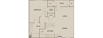 A floor plan of a home with a bedroom, bath, kitchen, dining area, living room, and patio.