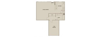 A floor plan of a house with a living/dining area, kitchen, bath, and 1 car garage.