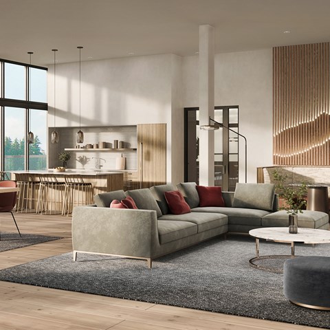 A modern living room with a grey sofa and a coffee table.