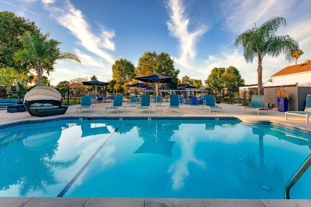 A large outdoor swimming pool surrounded by lounge chairs and umbrellas at Nola 624 Apartments, West Covina, California