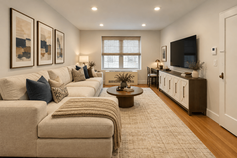 A living room with a beige couch, a coffee table, and a flat screen TV mounted on the wall.