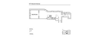 A floor plan for a residence at 577 Second Avenue, showing a bedroom, two bathrooms, and a kitchen with a dining area.