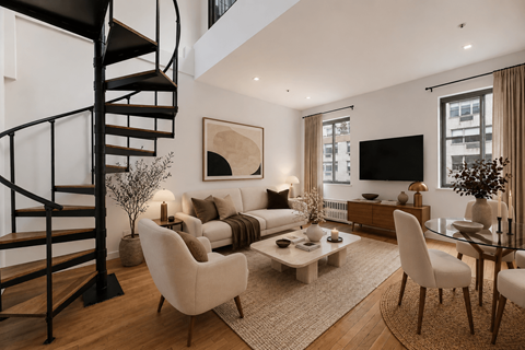 A living room with a spiral staircase and a television.