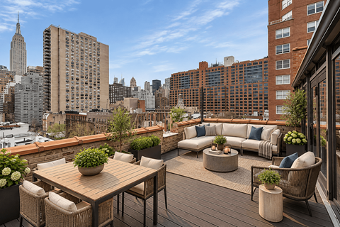 A wooden table with chairs and a couch on a balcony with a view of the city.
