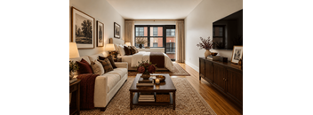 A living room with a large window, a couch, a coffee table, and a side table with a lamp.