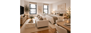 A well-lit, modern studio apartment with a large bed, a couch, and a TV.