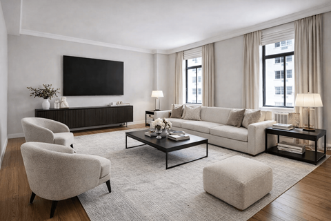 A modern living room with a grey sofa, a white armchair, a coffee table, and a flat-screen TV mounted on the wall.