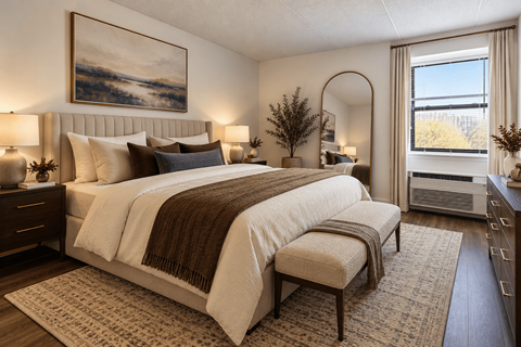 A bedroom with a large bed and a painting on the wall.