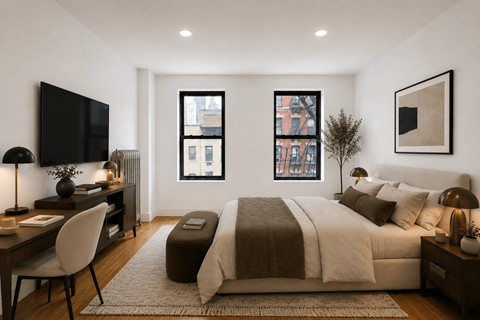 A modern bedroom with a large bed and a flat screen TV.