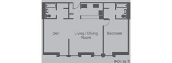 A floor plan of a 940 plus square foot home with a den, living/dining room, and bedroom.