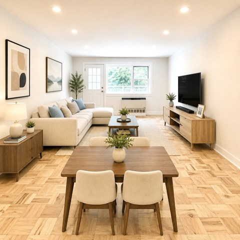 A modern living room with a wooden table and white chairs.