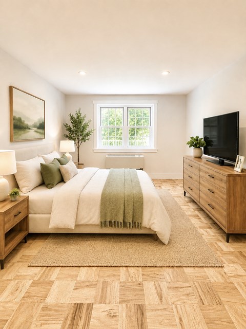 A bedroom with a bed, a dresser, and a television.