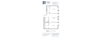 A floor plan for a Newington Tower apartment shows a living and dining room connected to two bedrooms.