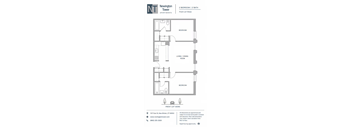 A floor plan for a 2 bedroom, 2 bath apartment with a living/dining room.