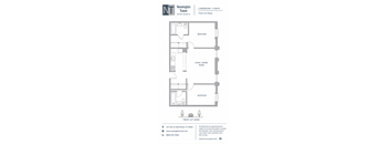 A floor plan for a 2 bedroom, 2 bath apartment with a living/dining room.