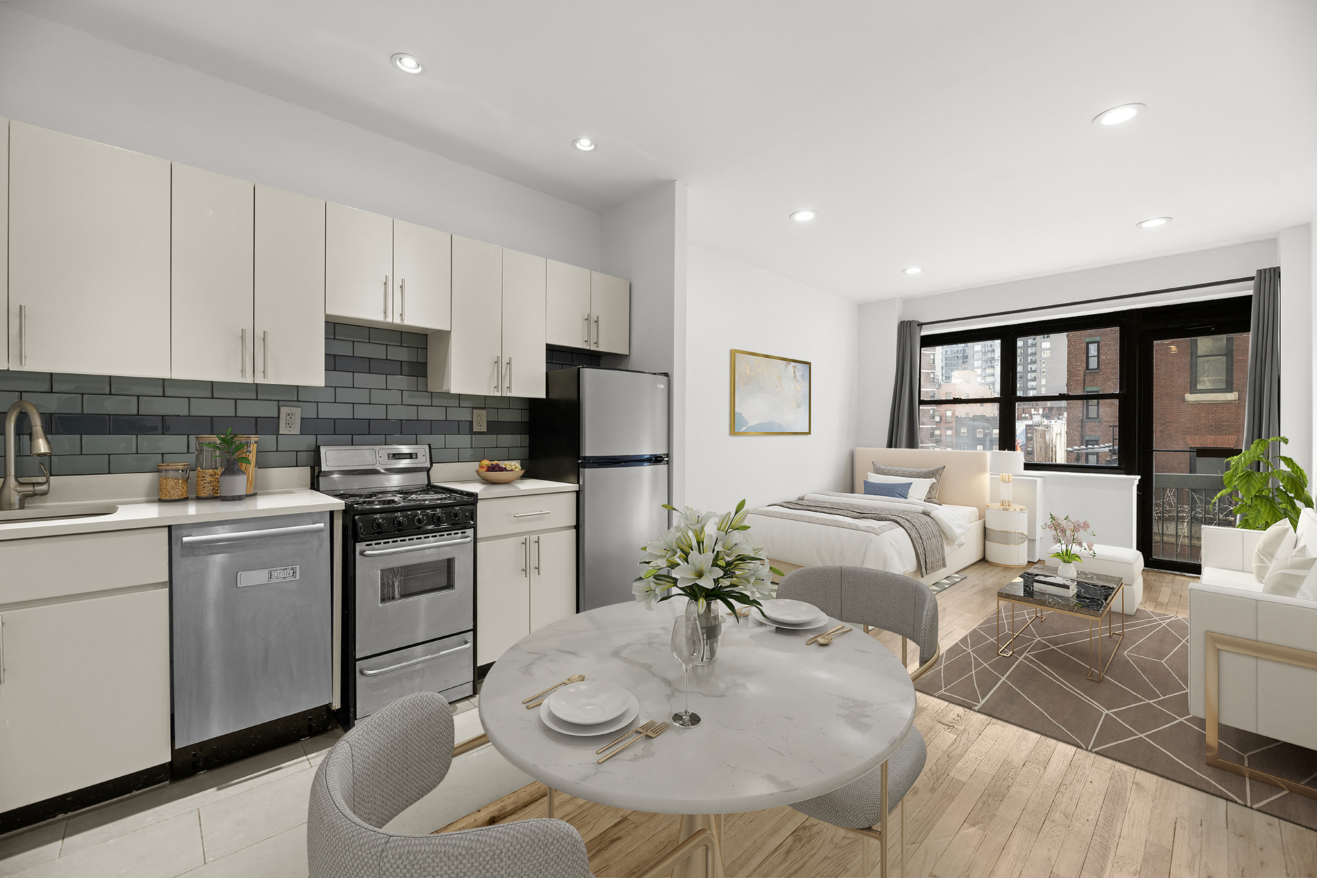 A modern kitchen with a dining table set for two.