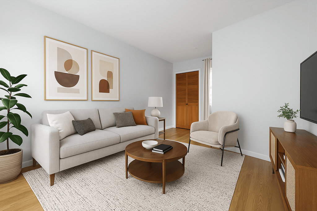 A living room with a couch, chair, and coffee table.