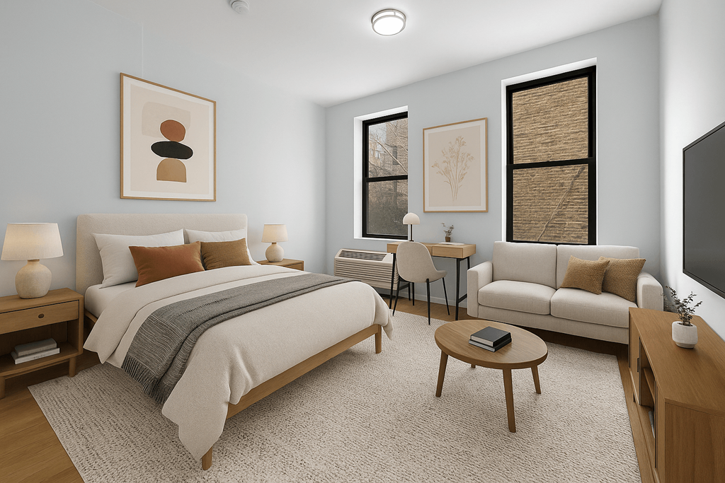 A bedroom with a large bed and a couch.