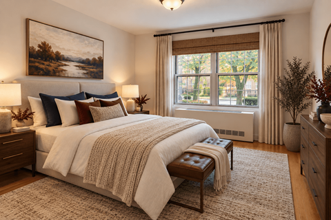 A bedroom with a large bed and a painting on the wall.