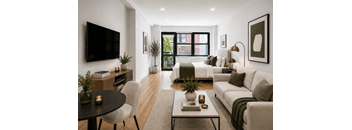 A modern living room with a flat screen TV mounted on the wall.