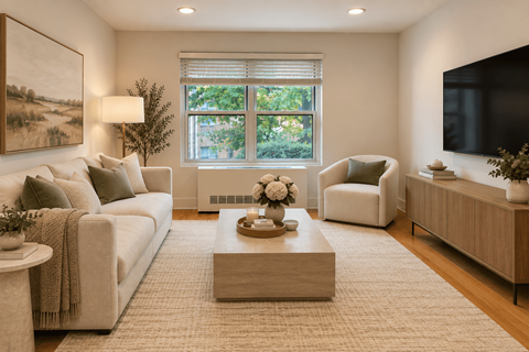 A living room with a large window, a couch, a chair, a coffee table, and a painting on the wall.