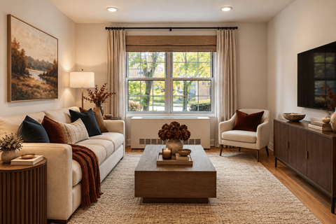 A living room with a large window, a sofa, a chair, and a coffee table.