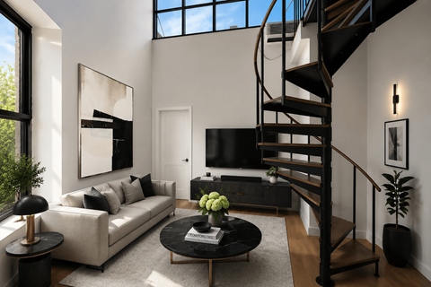 A living room with a spiral staircase and a white couch.