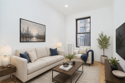 A living room with a couch, a coffee table, and a painting on the wall.