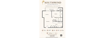 A floor plan for Southwind Apartments showing a living area, dining area, kitchen, and bathroom.