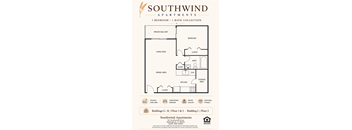 A floor plan for Southwind Apartments showing a one bedroom apartment with a private balcony.