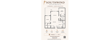 A floor plan for Southwind Apartments showing a 2 bedroom, 1 bath apartment layout.