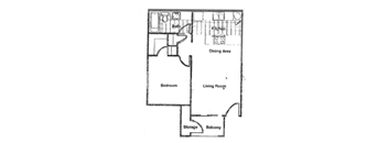 A floor plan of a living space showing a kitchen, dining area, bedroom, living room, storage, and balcony.