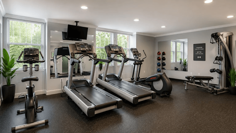 A spacious home gym with treadmills, elliptical machines, and other exercise equipment.