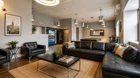 A living room with black leather furniture and a large window.