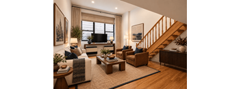 A living room with a staircase and a flat screen TV.