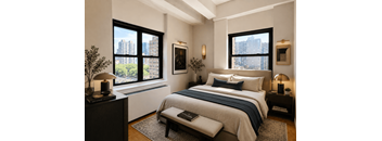 A bedroom with a large bed and a view of the city.