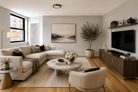 A living room with a white couch, a coffee table, and a painting on the wall.