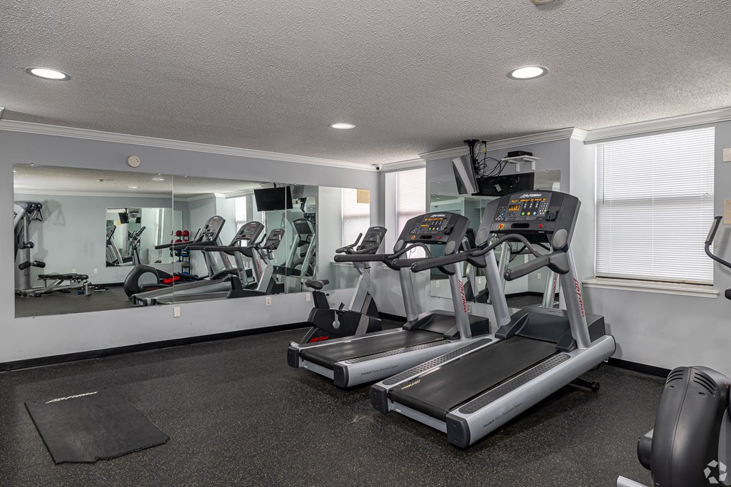 A gym with treadmills and exercise equipment.
