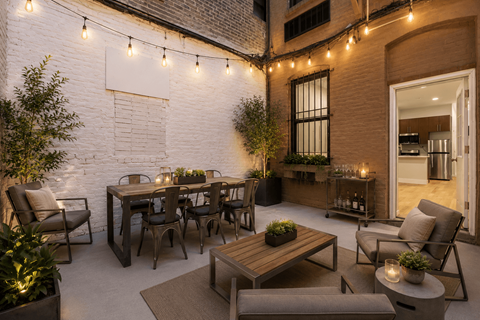 A patio with a table and chairs is decorated with string lights.