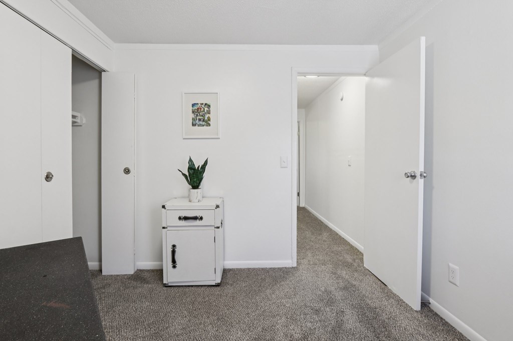 A small white cabinet with a plant on top is in the middle of a room.
