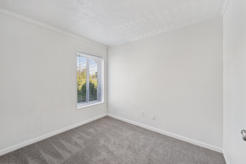 A room with a window and carpeted floor.