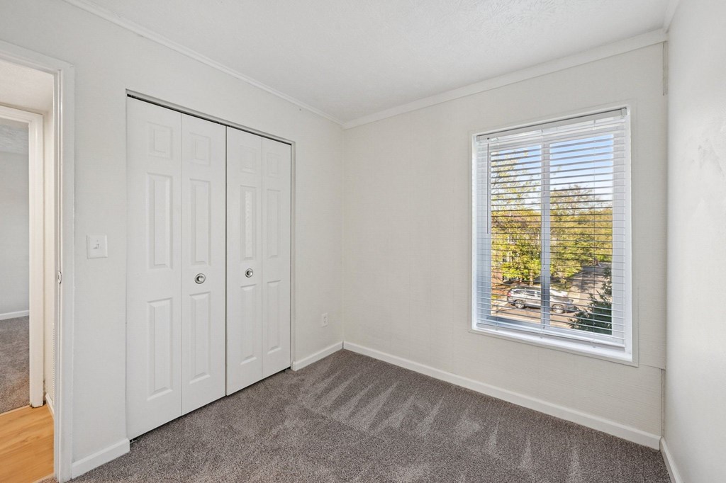 A room with a carpeted floor, a window with blinds, and a white door.