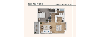 A floor plan of a one bedroom apartment with one bathroom.