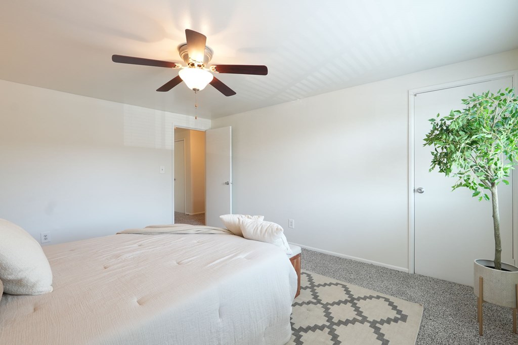 A bedroom with a large bed and a ceiling fan.