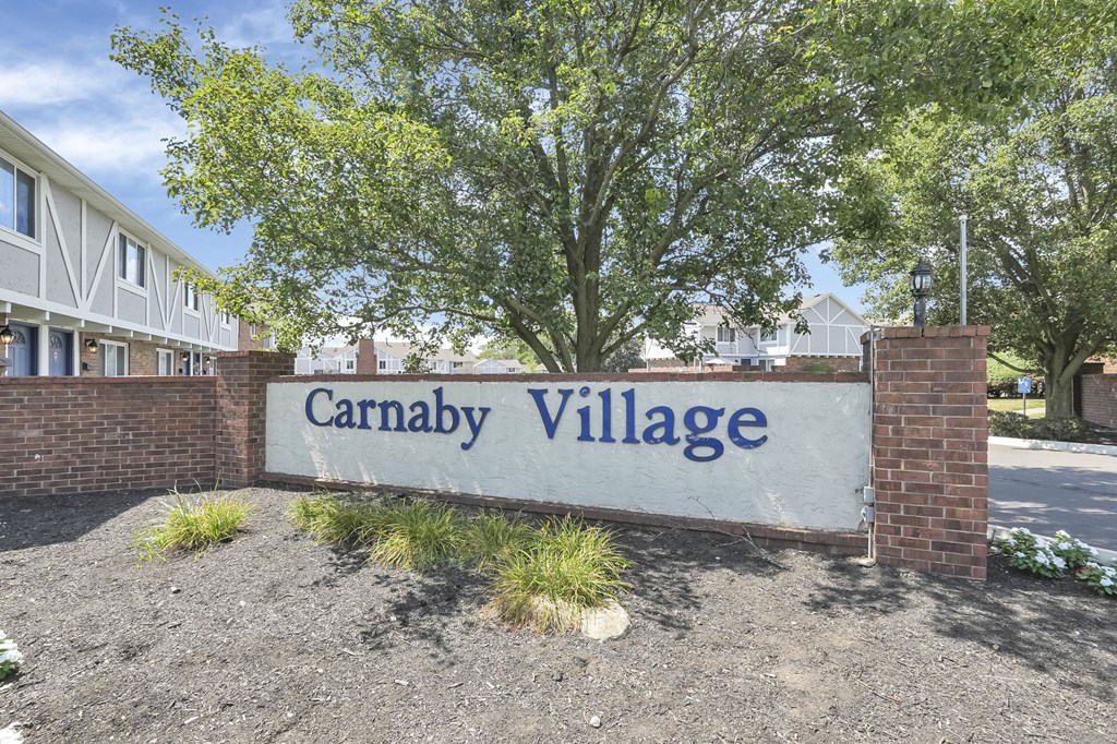 A sign that says Carnaby Village stands in front of a tree.
