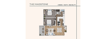 A floor plan of a one-bedroom apartment with a bathroom.