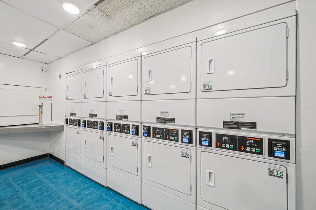 A row of white washing machines are lined up in a laundry room.