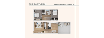 A floor plan of a 1,005 square foot apartment with two bedrooms and one and a half baths.