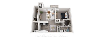 A 3D floor plan of a house with a kitchen, living room, and bathroom.