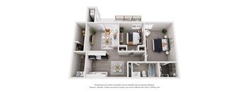 A 3D floor plan of a house with a kitchen, living room, and bathrooms.